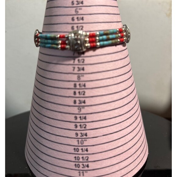 Turquoise & Coral Beaded Bracelet With Silver-Tone Accents Lobster Clasp Adjust - Picture 4 of 4